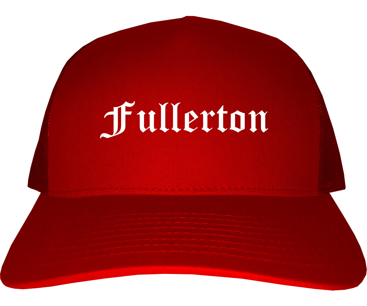 Fullerton California CA Old English Mens Trucker Hat Cap Red