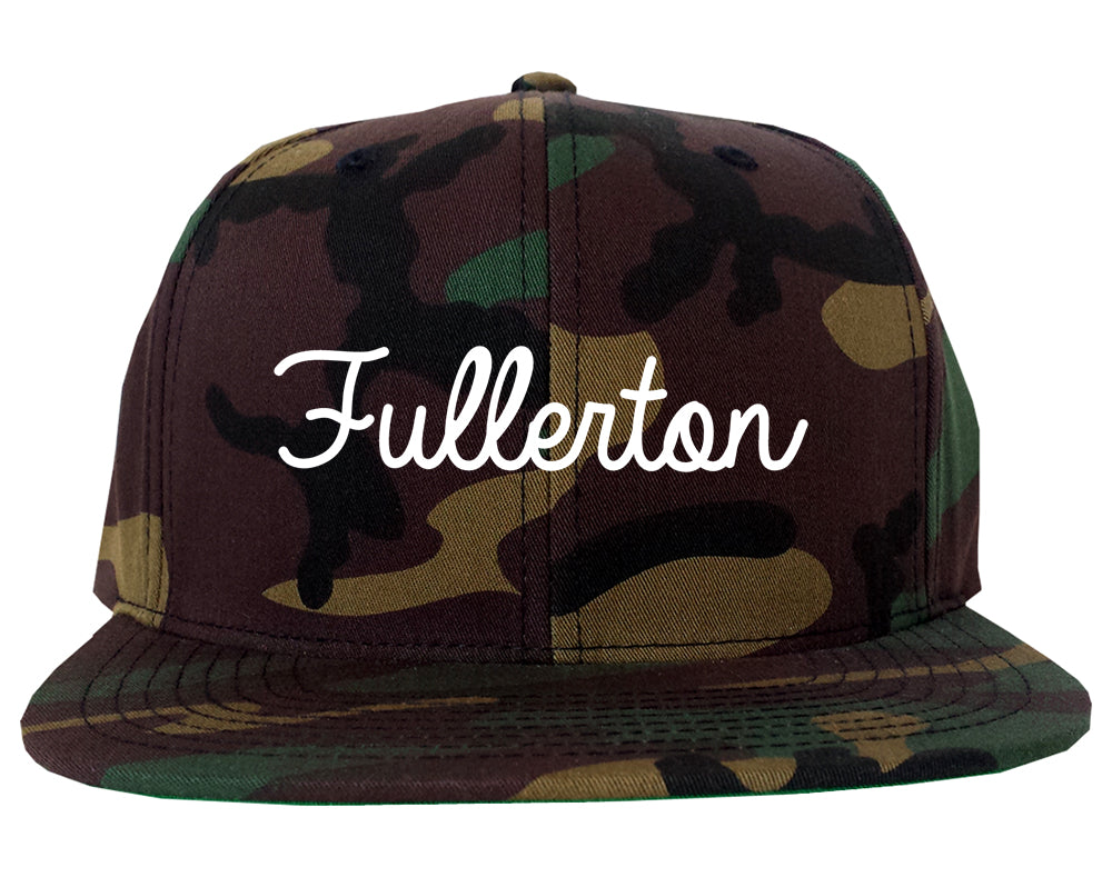 Fullerton California CA Script Mens Snapback Hat Army Camo