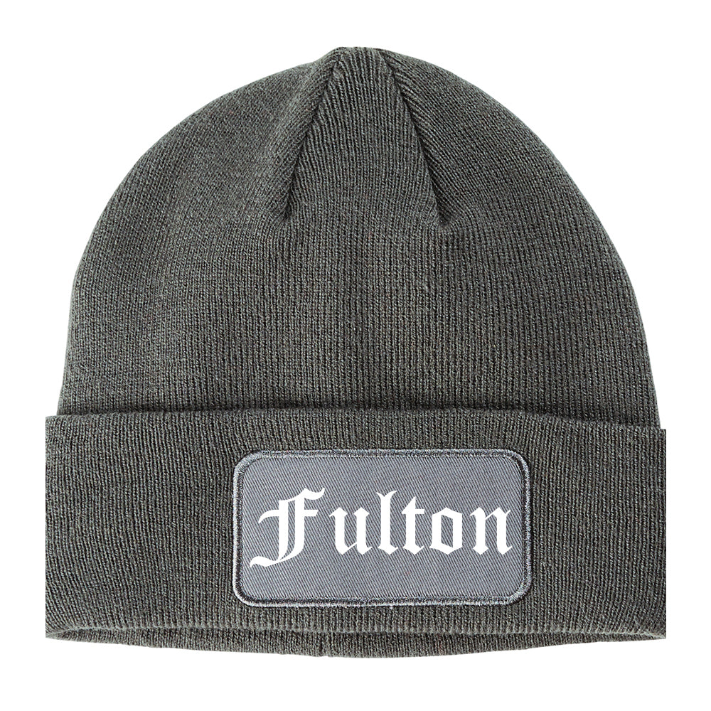 Fulton New York NY Old English Mens Knit Beanie Hat Cap Grey