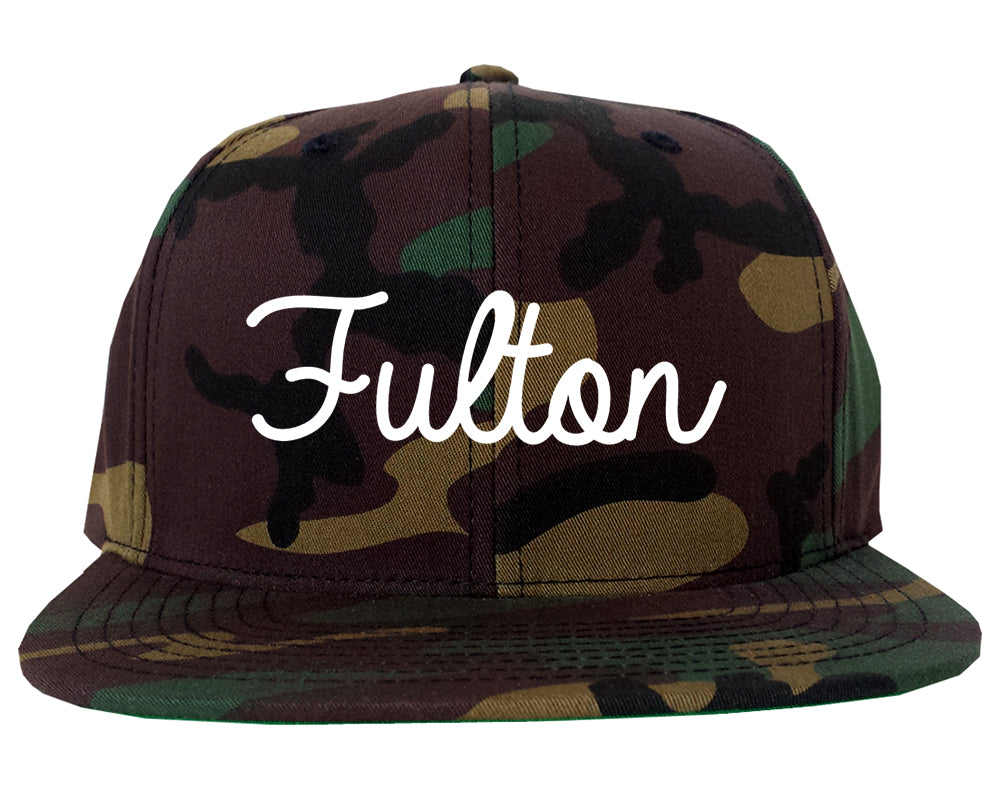 Fulton New York NY Script Mens Snapback Hat Army Camo