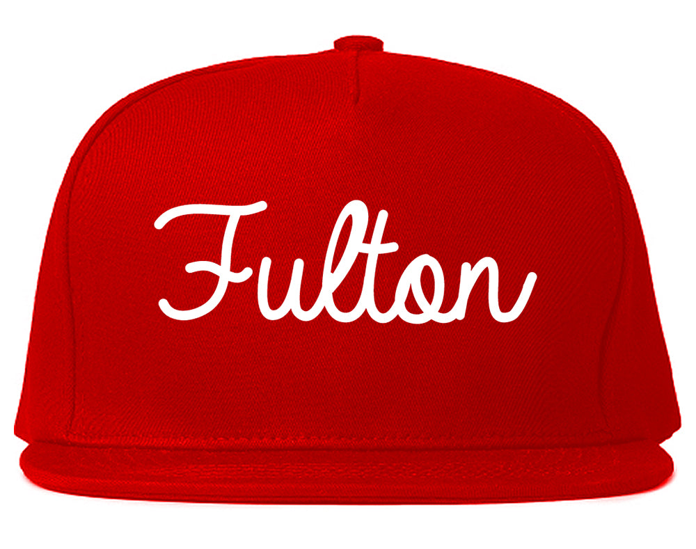 Fulton New York NY Script Mens Snapback Hat Red