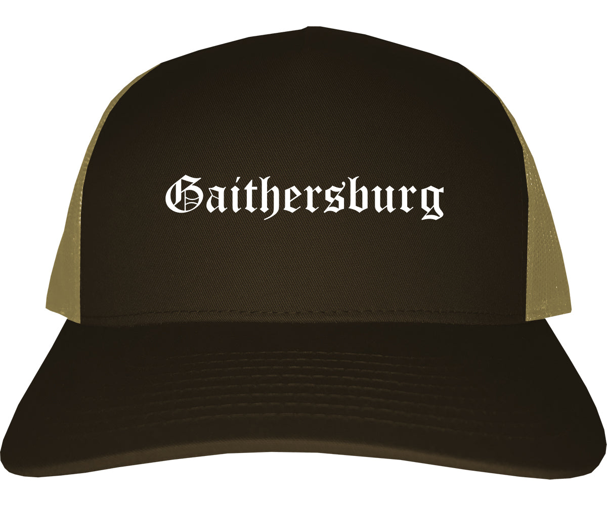 Gaithersburg Maryland MD Old English Mens Trucker Hat Cap Brown
