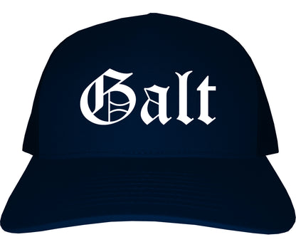 Galt California CA Old English Mens Trucker Hat Cap Navy Blue