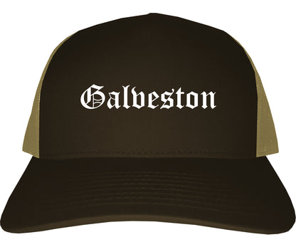 Galveston Texas TX Old English Mens Trucker Hat Cap Brown
