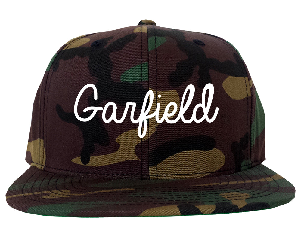 Garfield New Jersey NJ Script Mens Snapback Hat Army Camo