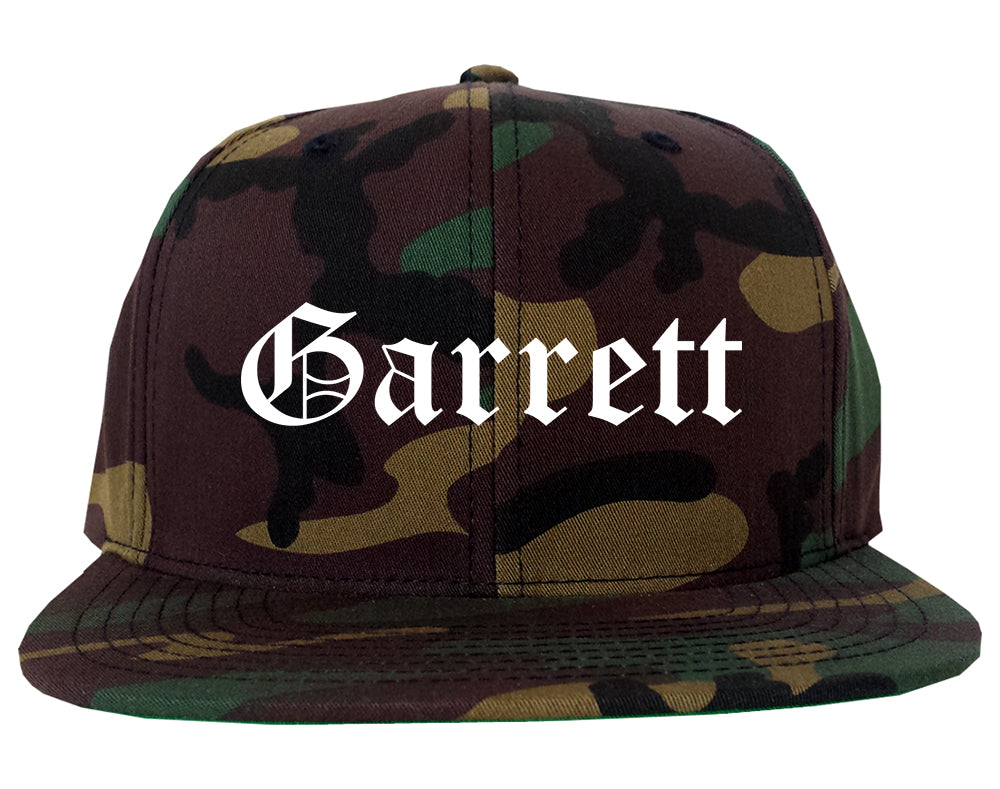 Garrett Indiana IN Old English Mens Snapback Hat Army Camo