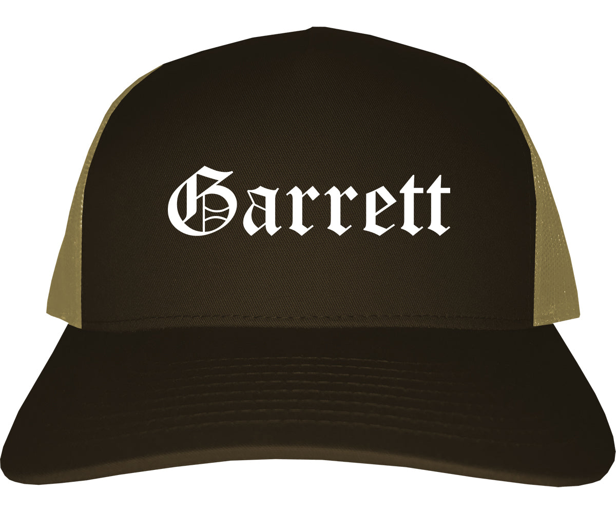 Garrett Indiana IN Old English Mens Trucker Hat Cap Brown