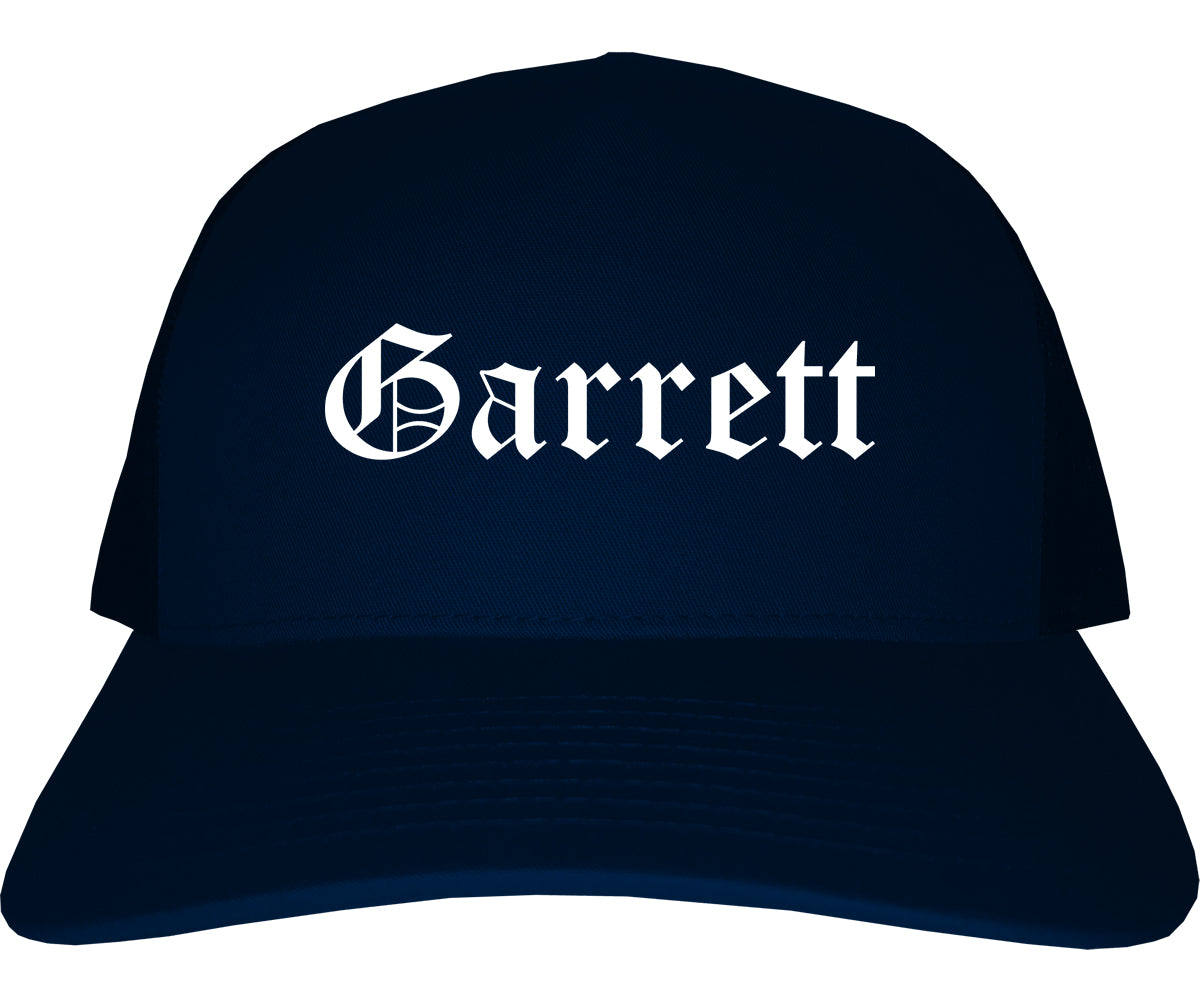 Garrett Indiana IN Old English Mens Trucker Hat Cap Navy Blue