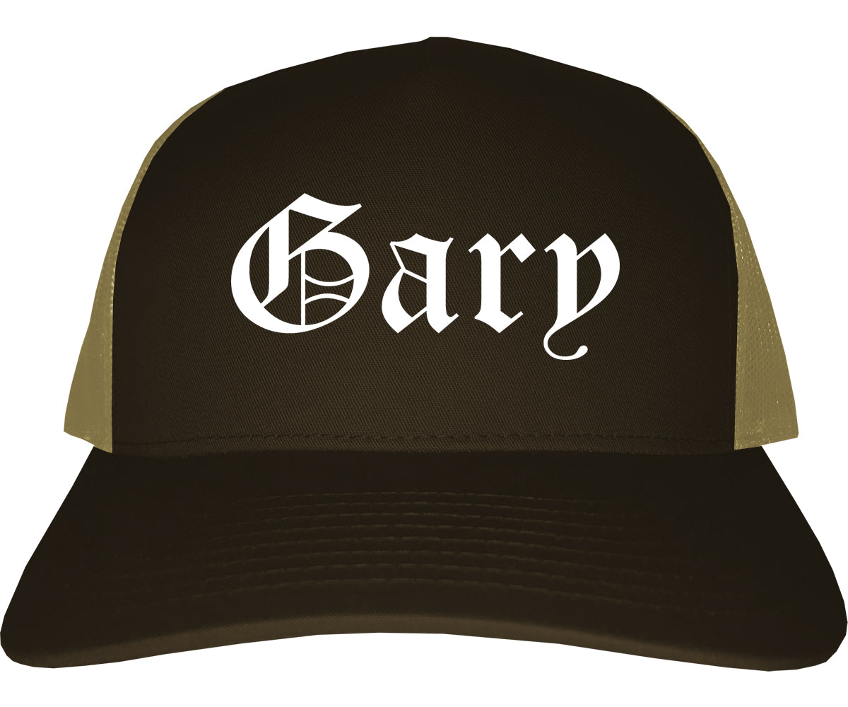 Gary Indiana IN Old English Mens Trucker Hat Cap Brown