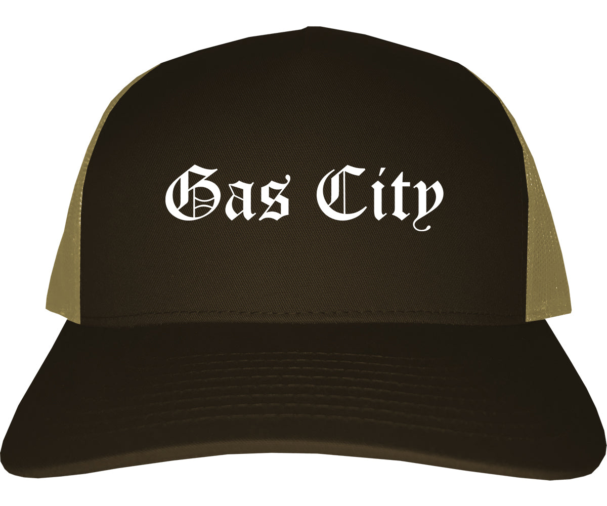 Gas City Indiana IN Old English Mens Trucker Hat Cap Brown