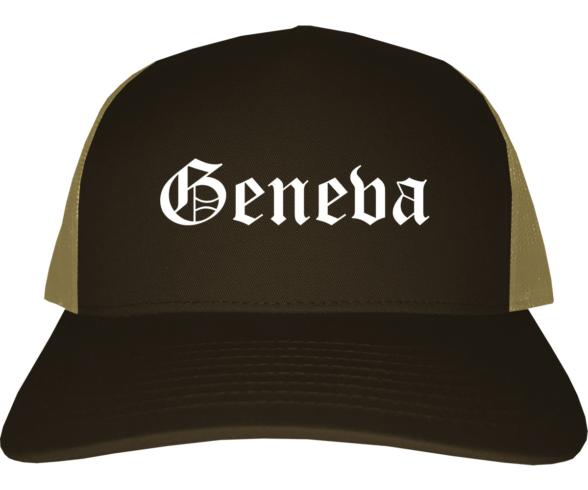 Geneva Alabama AL Old English Mens Trucker Hat Cap Brown