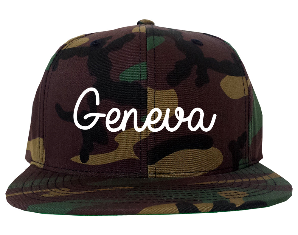 Geneva New York NY Script Mens Snapback Hat Army Camo