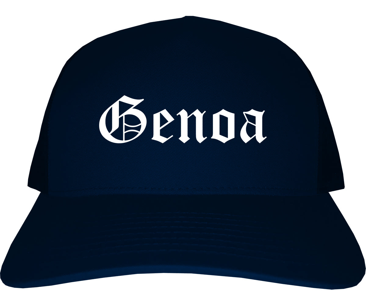 Genoa Illinois IL Old English Mens Trucker Hat Cap Navy Blue