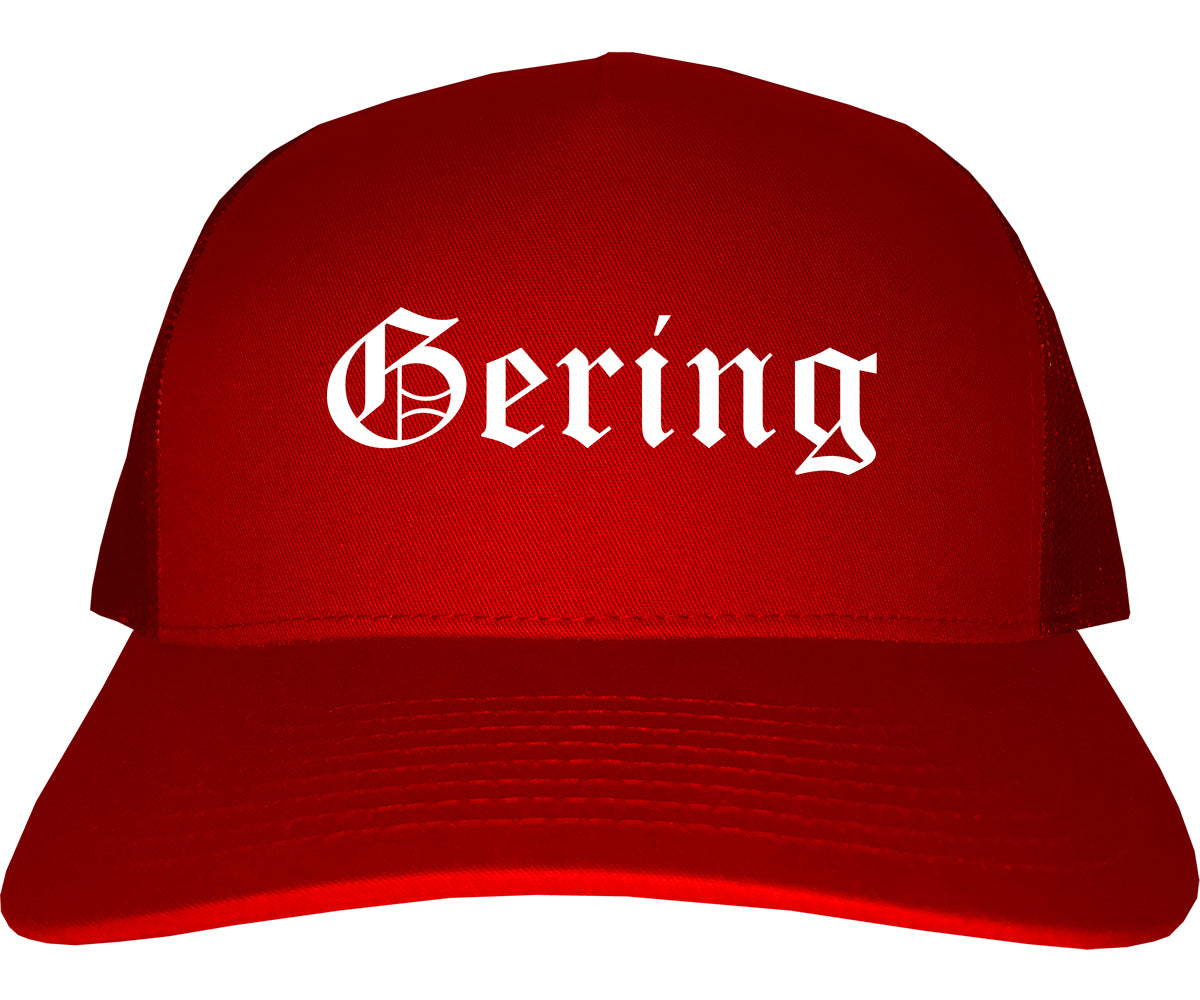Gering Nebraska NE Old English Mens Trucker Hat Cap Red