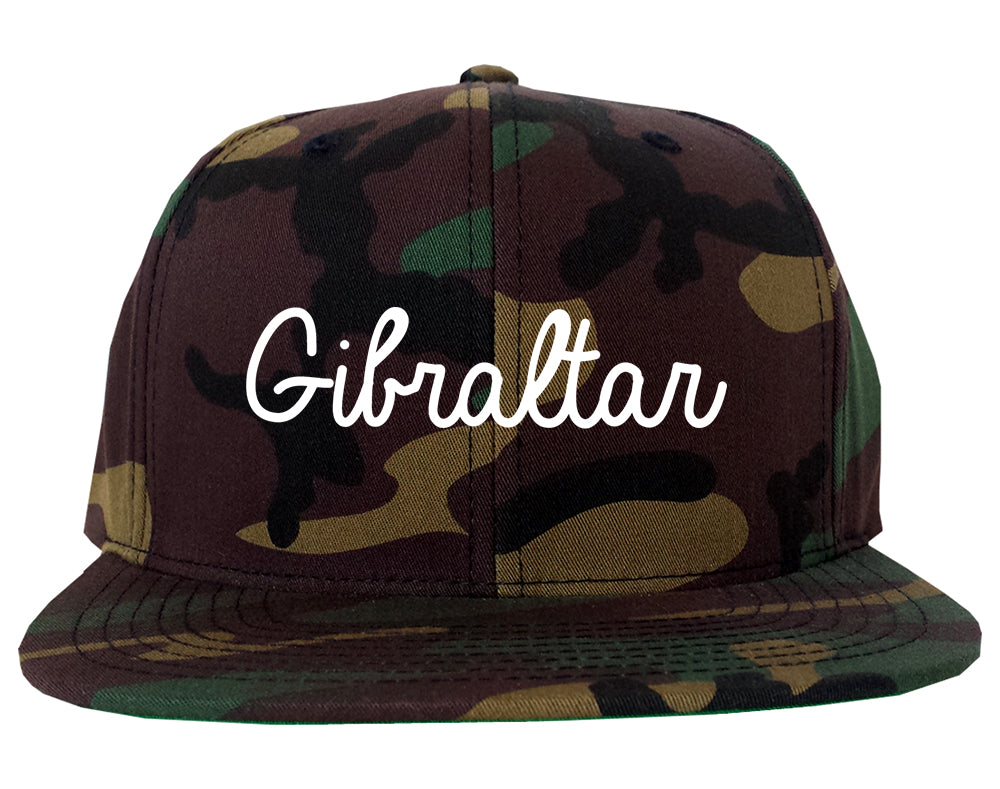 Gibraltar Michigan MI Script Mens Snapback Hat Army Camo