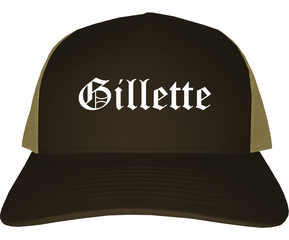 Gillette Wyoming WY Old English Mens Trucker Hat Cap Brown