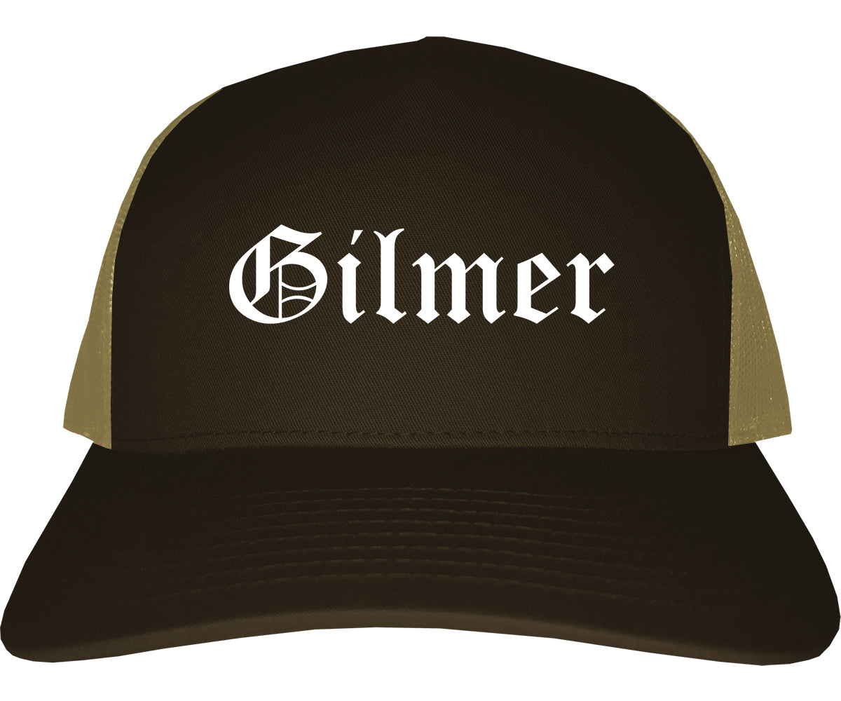 Gilmer Texas TX Old English Mens Trucker Hat Cap Brown