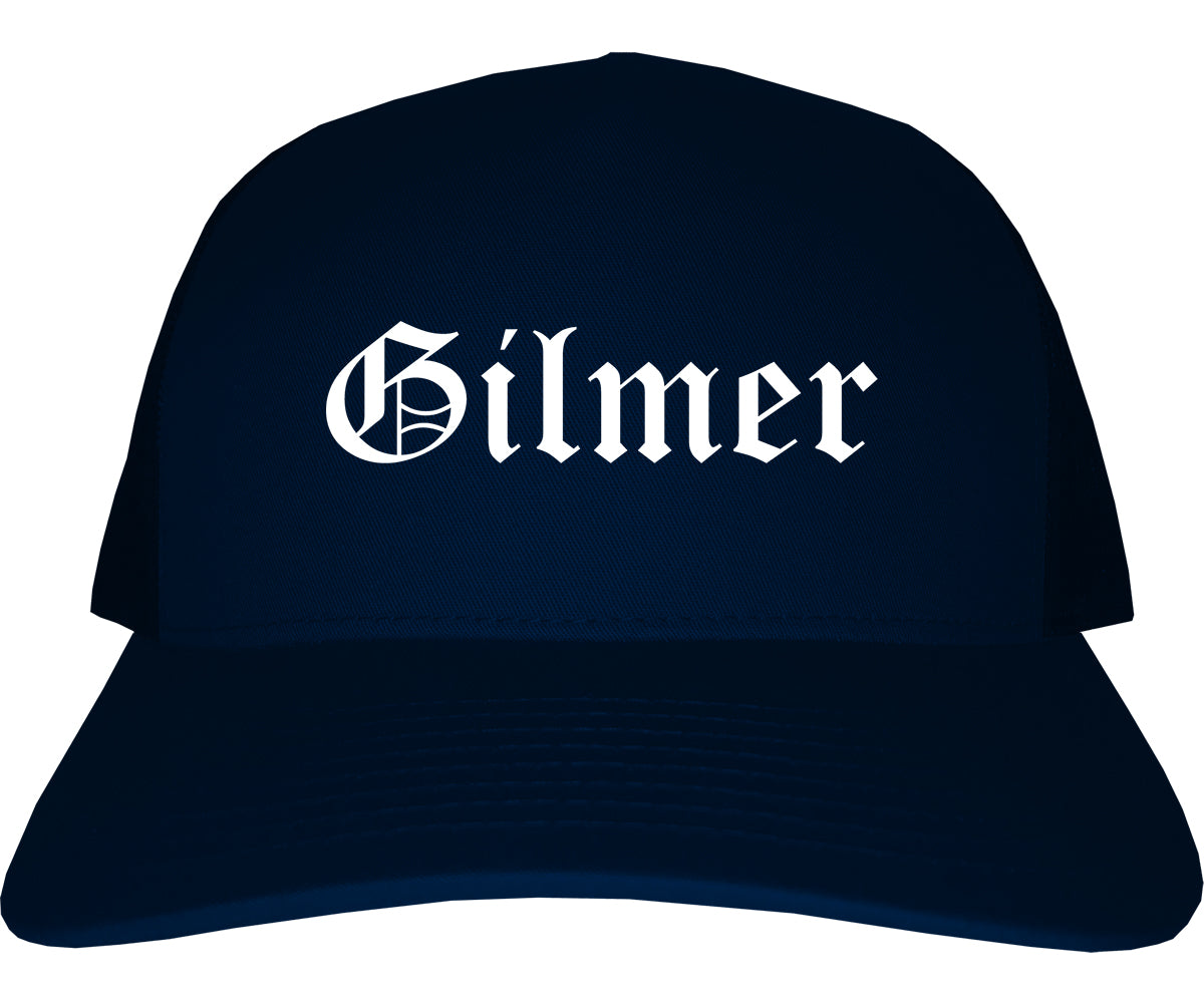 Gilmer Texas TX Old English Mens Trucker Hat Cap Navy Blue