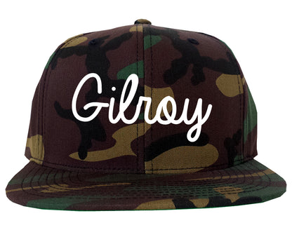 Gilroy California CA Script Mens Snapback Hat Army Camo