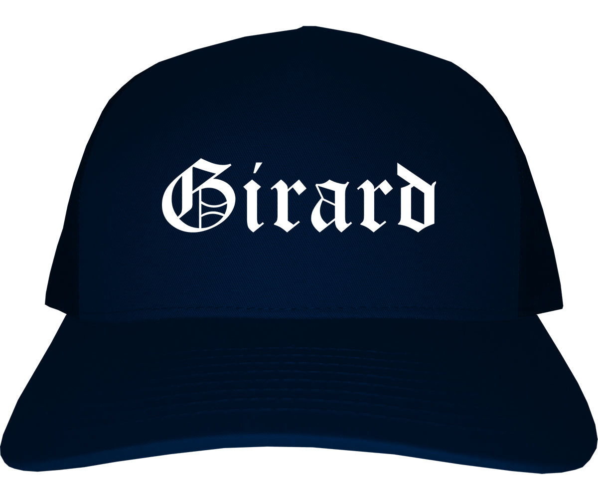 Girard Ohio OH Old English Mens Trucker Hat Cap Navy Blue