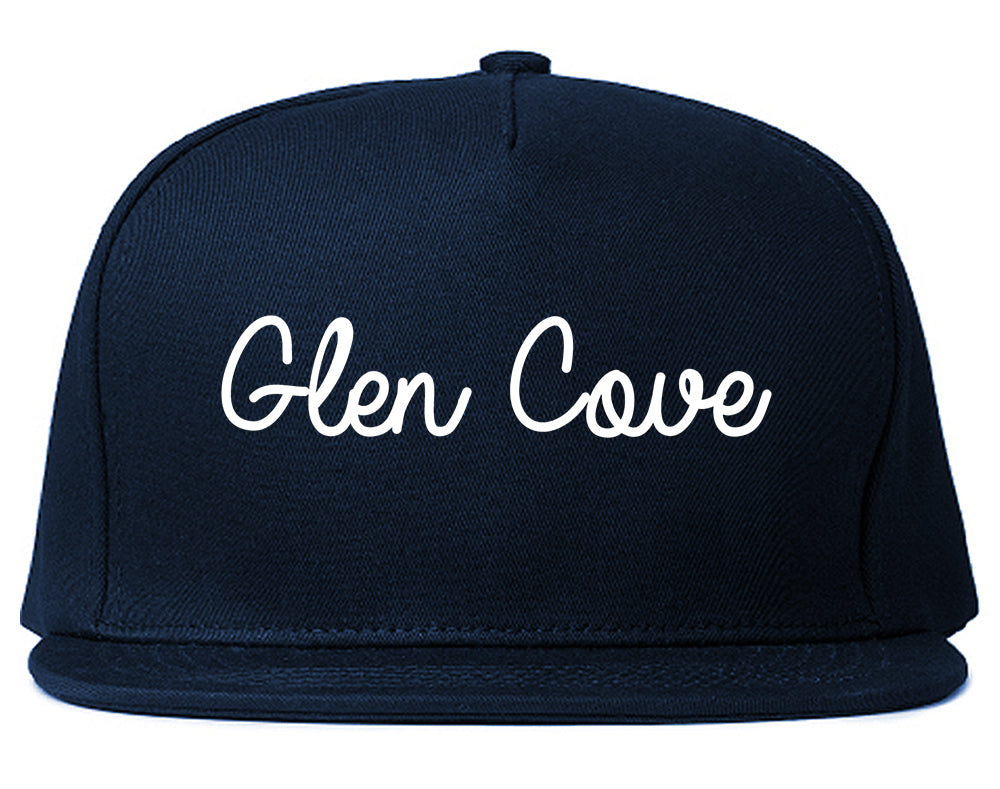 Glen Cove New York NY Script Mens Snapback Hat Navy Blue