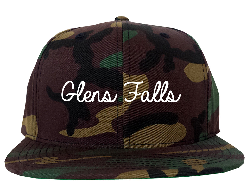 Glens Falls New York NY Script Mens Snapback Hat Army Camo