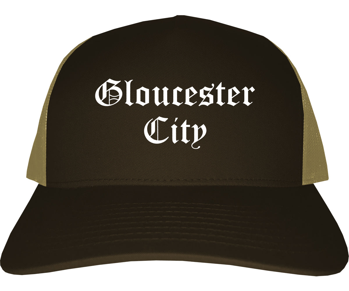 Gloucester City New Jersey NJ Old English Mens Trucker Hat Cap Brown