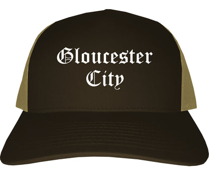 Gloucester City New Jersey NJ Old English Mens Trucker Hat Cap Brown