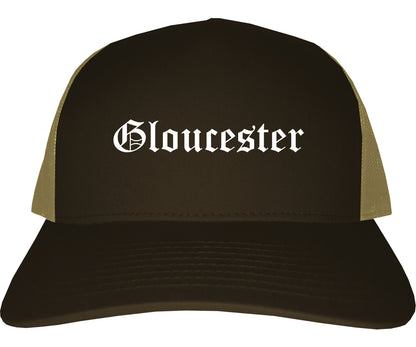 Gloucester Massachusetts MA Old English Mens Trucker Hat Cap Brown