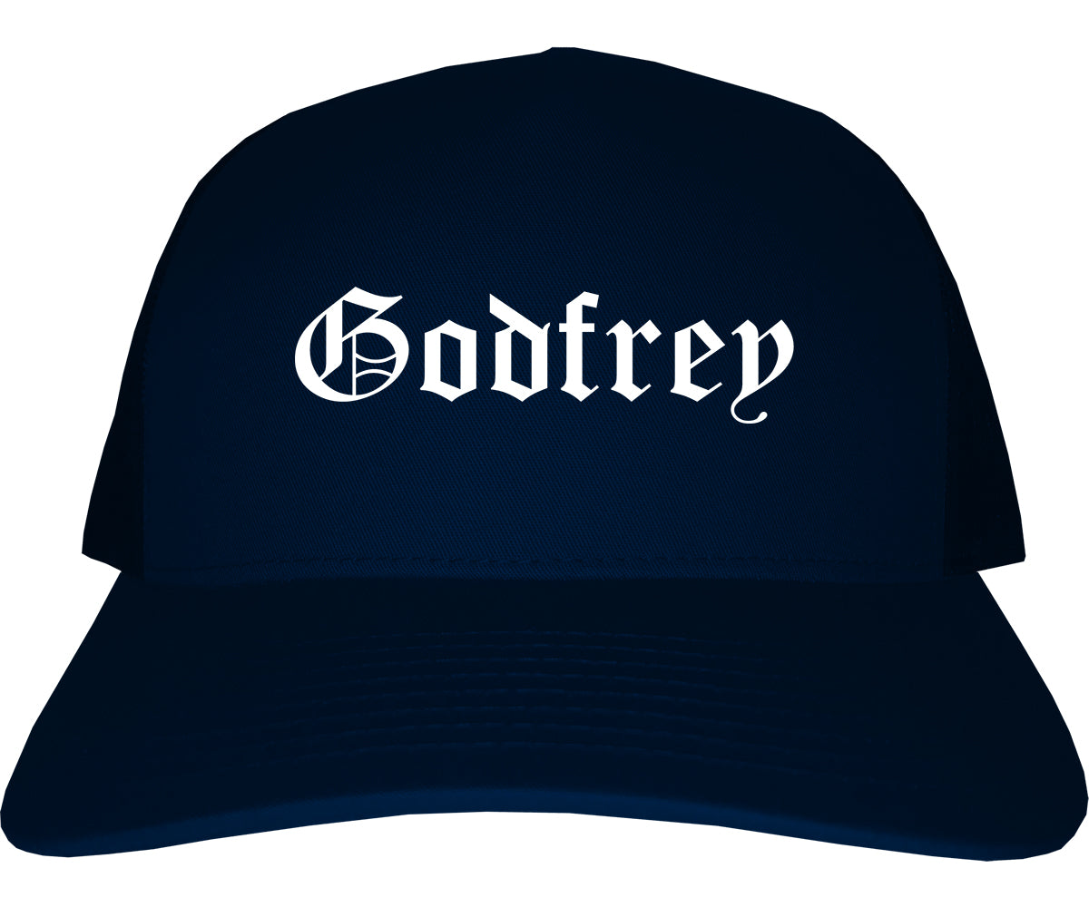 Godfrey Illinois IL Old English Mens Trucker Hat Cap Navy Blue