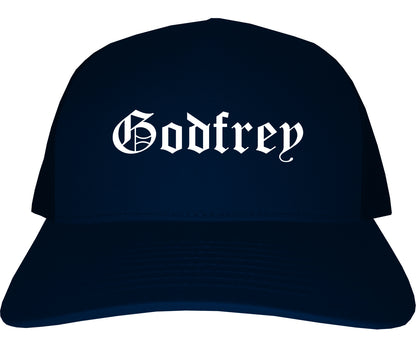 Godfrey Illinois IL Old English Mens Trucker Hat Cap Navy Blue