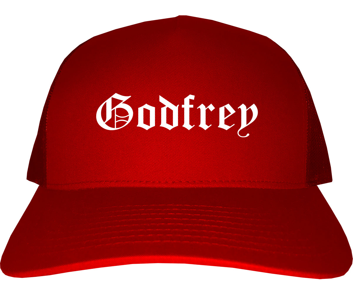 Godfrey Illinois IL Old English Mens Trucker Hat Cap Red