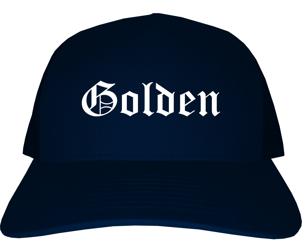 Golden Colorado CO Old English Mens Trucker Hat Cap Navy Blue