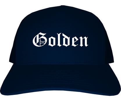 Golden Colorado CO Old English Mens Trucker Hat Cap Navy Blue