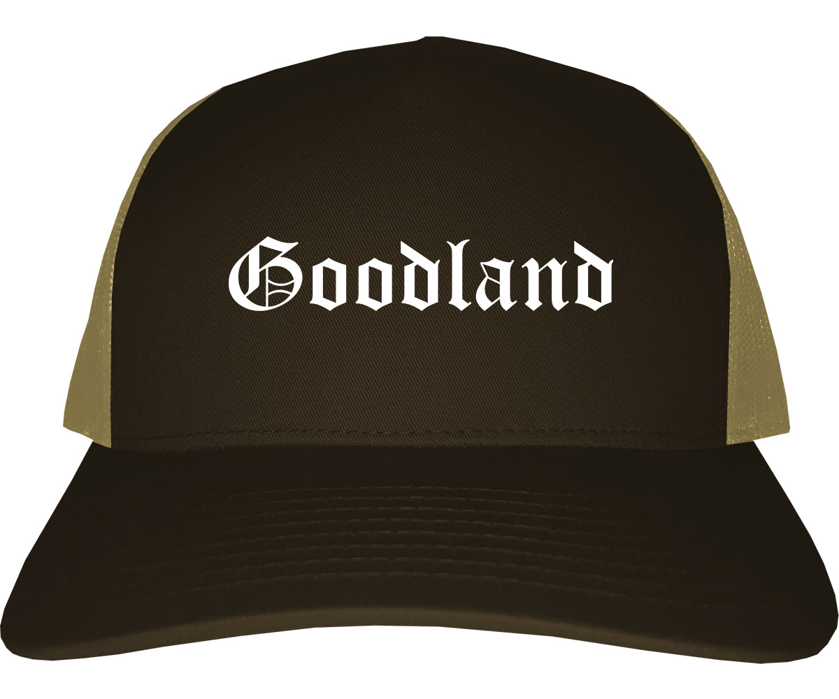 Goodland Kansas KS Old English Mens Trucker Hat Cap Brown