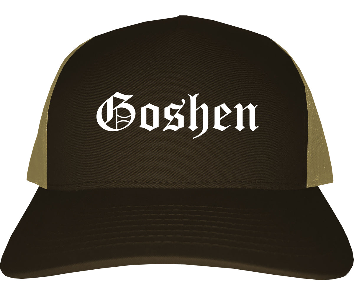 Goshen Indiana IN Old English Mens Trucker Hat Cap Brown