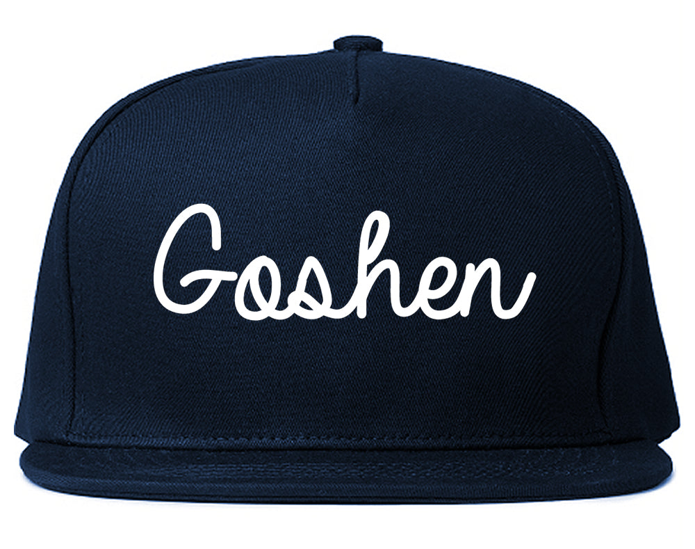 Goshen New York NY Script Mens Snapback Hat Navy Blue