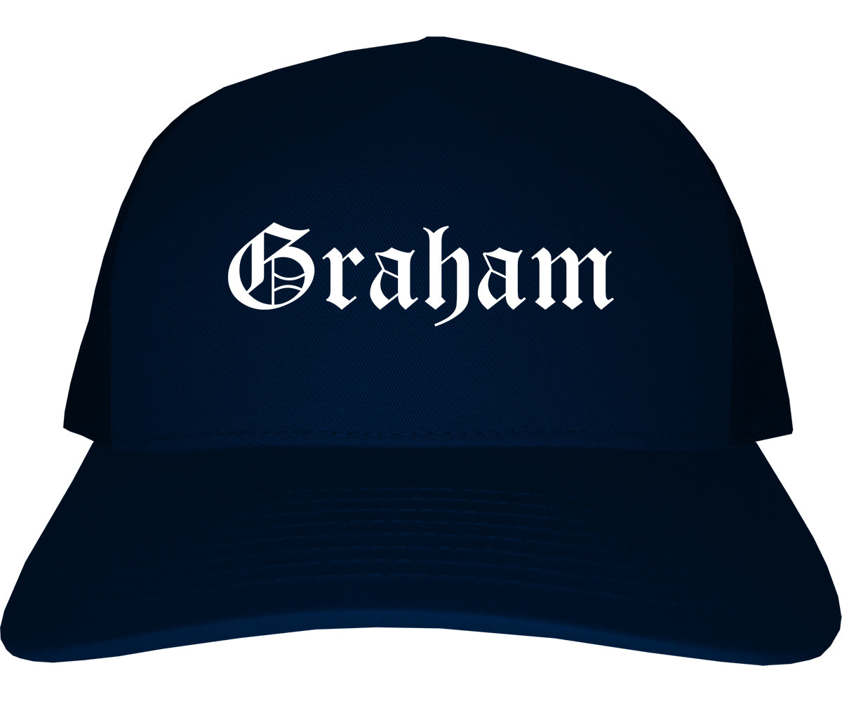 Graham Texas TX Old English Mens Trucker Hat Cap Navy Blue