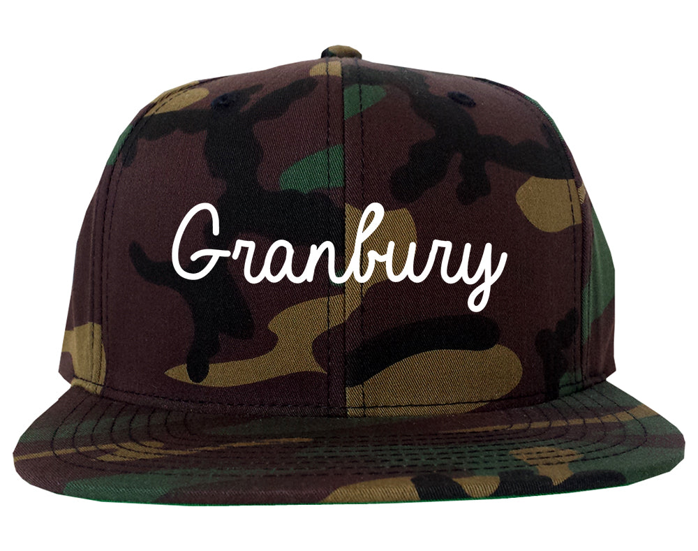Granbury Texas TX Script Mens Snapback Hat Army Camo