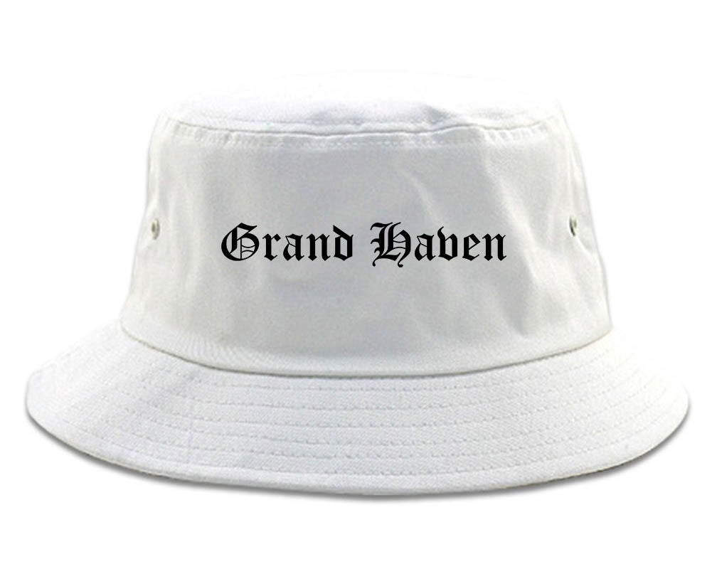 Grand Haven Michigan MI Old English Mens Bucket Hat White