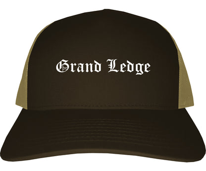 Grand Ledge Michigan MI Old English Mens Trucker Hat Cap Brown