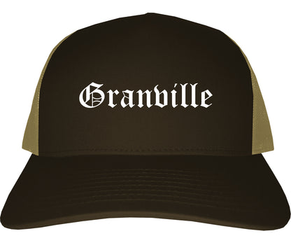 Granville Ohio OH Old English Mens Trucker Hat Cap Brown