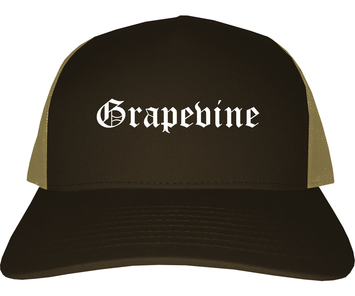 Grapevine Texas TX Old English Mens Trucker Hat Cap Brown