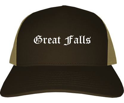 Great Falls Montana MT Old English Mens Trucker Hat Cap Brown