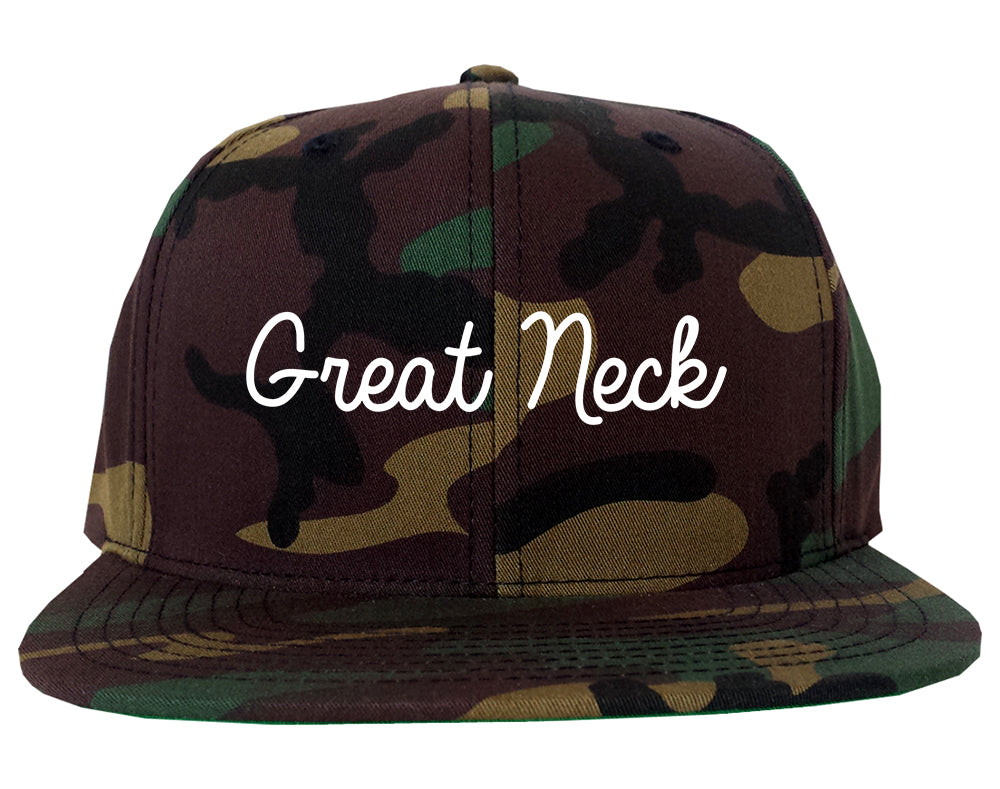 Great Neck New York NY Script Mens Snapback Hat Army Camo