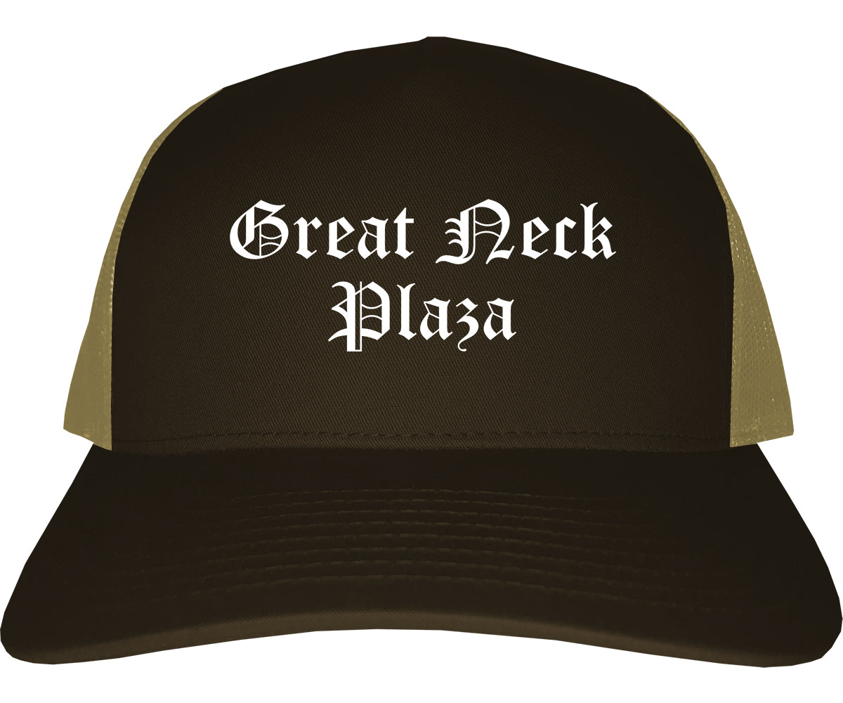 Great Neck Plaza New York NY Old English Mens Trucker Hat Cap Brown