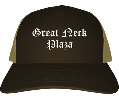 Great Neck Plaza New York NY Old English Mens Trucker Hat Cap Brown