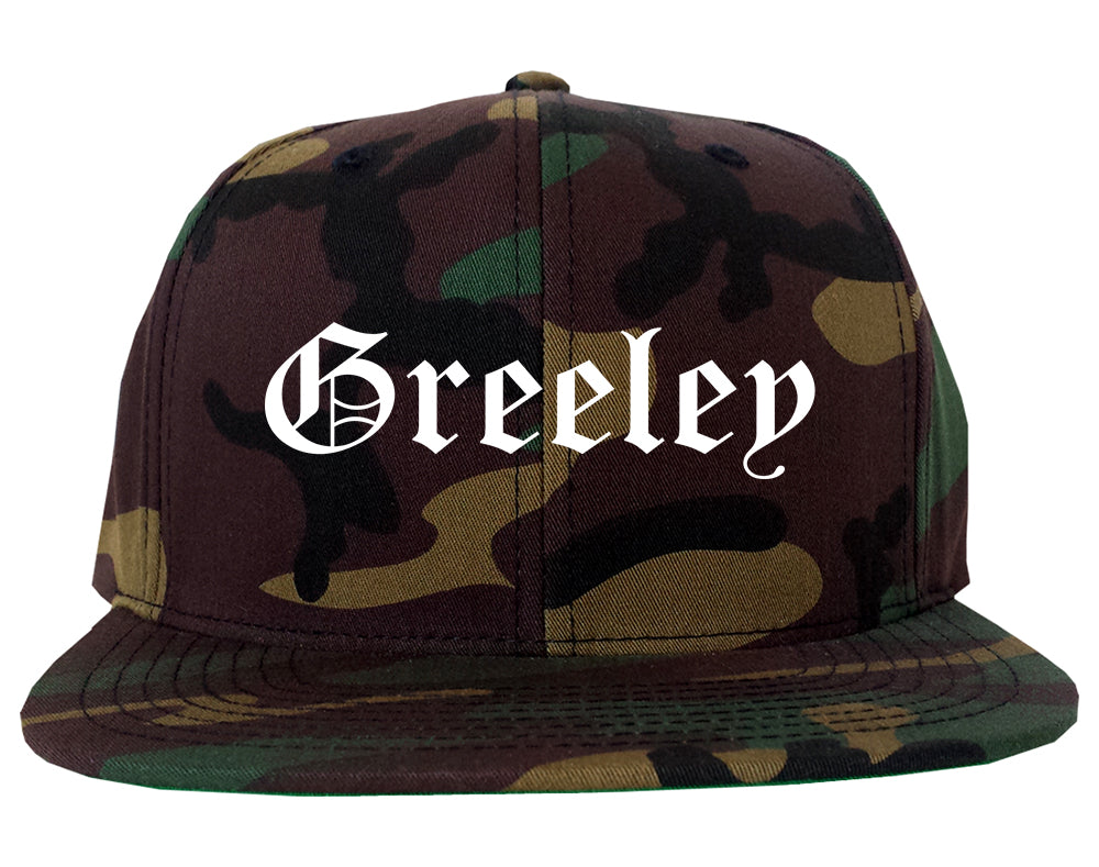 Greeley Colorado CO Old English Mens Snapback Hat Army Camo