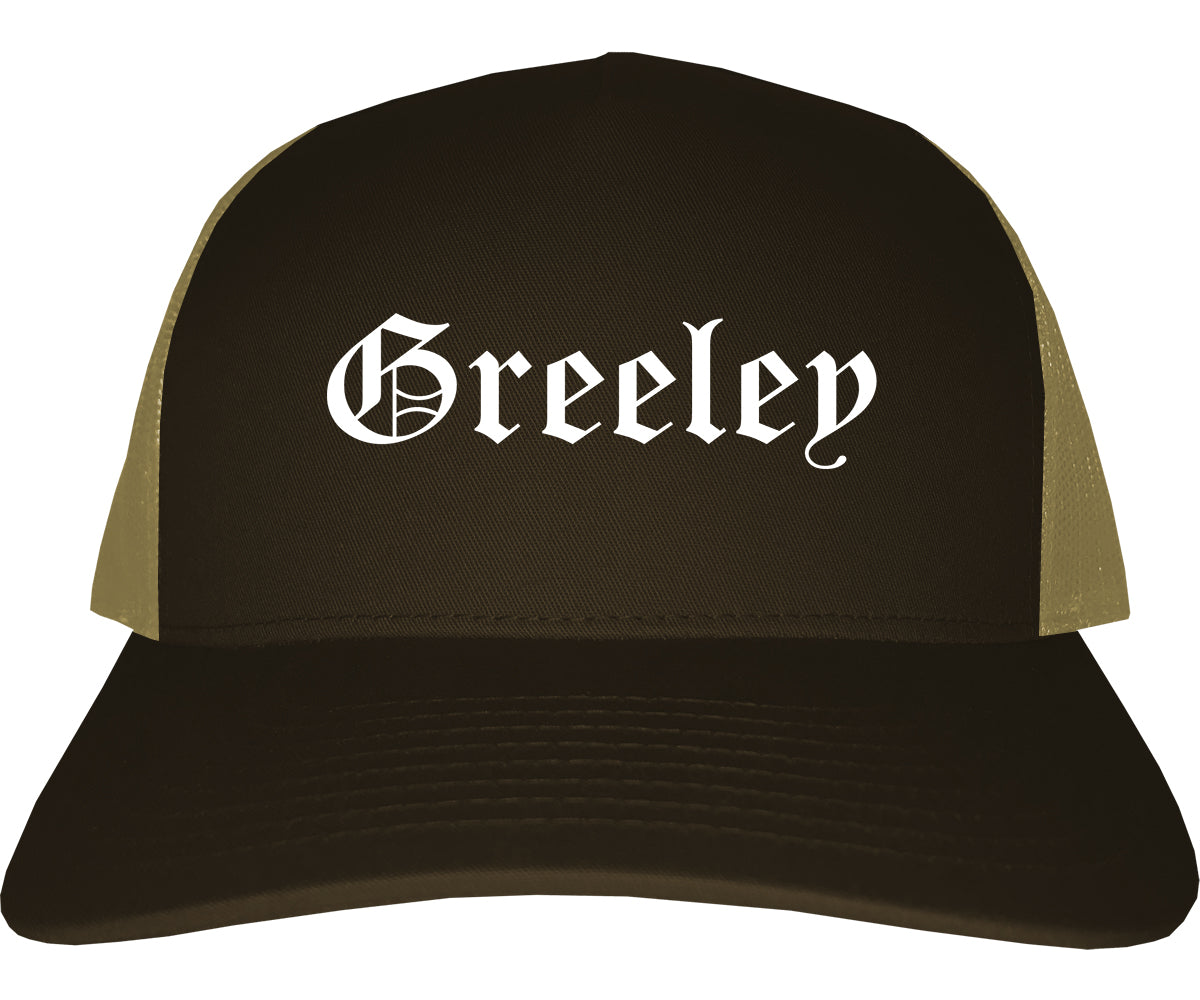 Greeley Colorado CO Old English Mens Trucker Hat Cap Brown
