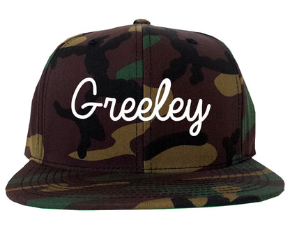 Greeley Colorado CO Script Mens Snapback Hat Army Camo